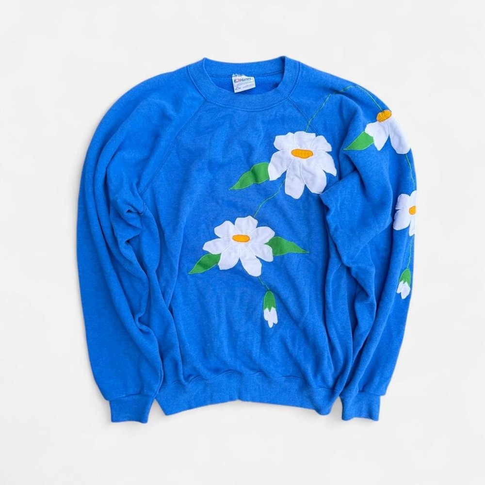 Hanes Blue Daisy Flower Sweatshirt XL Y2K